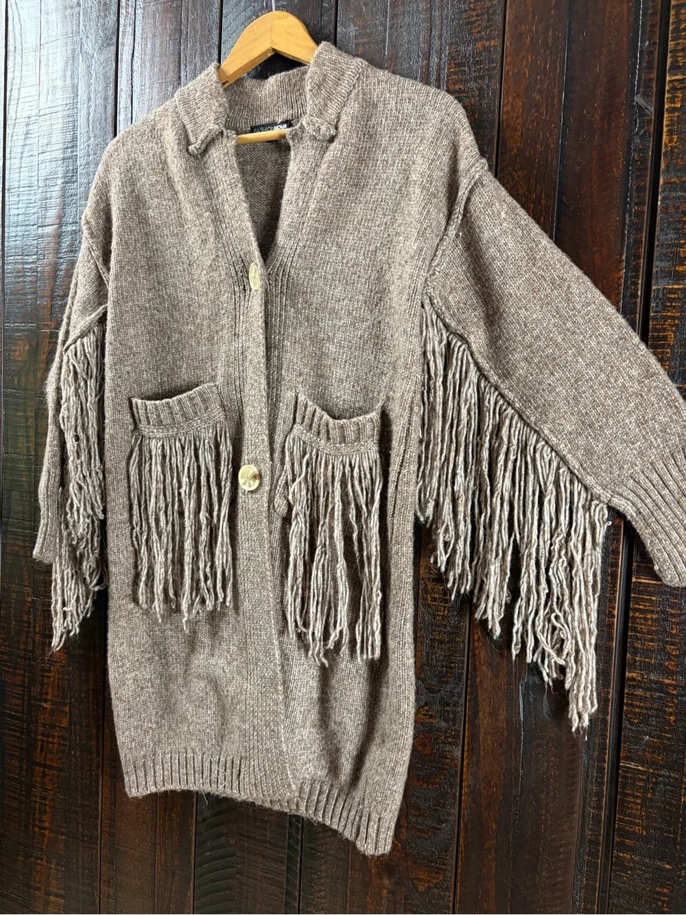 FashionNova Southwestern Fringe Long Cardigan Sweater - Taupe